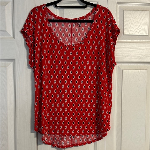 ANN TAYLOR LOFT Linen Red Black White Ikat Scoop Neck Cap Sleeve Blouse XL - Picture 1 of 6